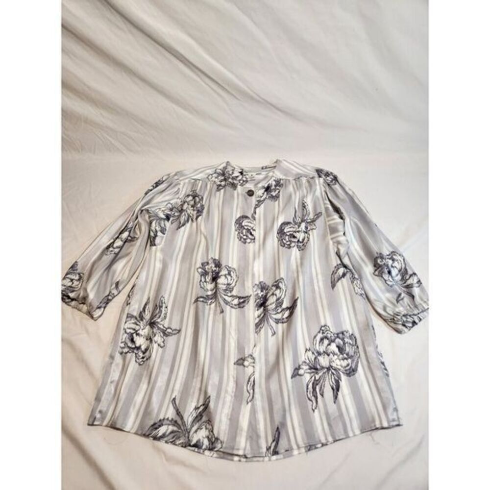 Evan-Picone Womens Grey Floral Striped 3/4 Sleeve Blouse Top Size 8 Made in USA